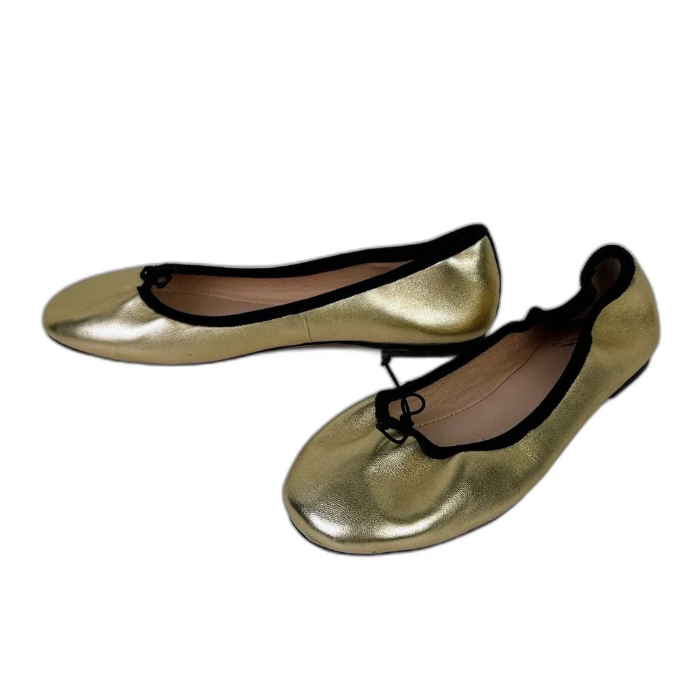 J. Crew Elvie Gold Metallic Ballet Flats Leather Almond Toe Shoes Black Trim 7.5